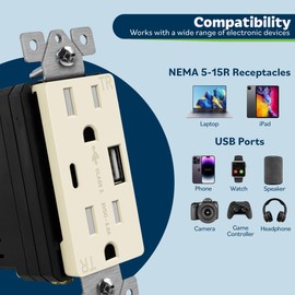 TOPGREENER 2-Port USB Outlet, Type C USB Wall Charger Outlet, 3.6A USB Electrical Outlet, 15 Amp TR Receptacle Plug, Charging Power Outlet with USB Ports, TU21536AC-LA-2PCS, Light Almond, 2 pack