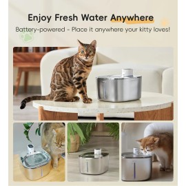 WILKIEE Stainless Steel Cat Water Fountain, 138oz/4.1L Wireless Cat Fountain, Battery...