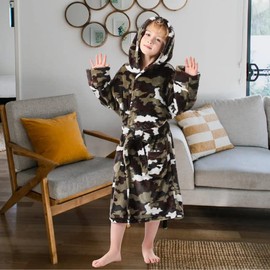 V.&GRIN Boys Fleece Robe, Hooded Toddler Soft Fuzzy Bathrobe for Kids 3-14 Years（Camo 11-12