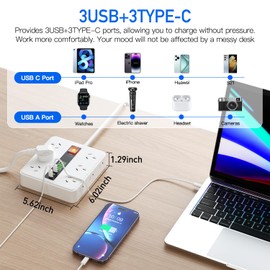 HITRENDS Surge Protector Power Strip, 18 in 1 Power Board with USB C, 12 Widely Outlets, 3 USB-A and 3 Type-C, 1.8M Extension Cord, Wall Mount Outlet Extender, Office Supplies, Dorm Room Essentials