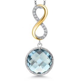 Gem Stone King 925 Sterling Silver Sky Blue Simulated Aquamarine and White Lab Grown Diamond Pendant Necklace for Women | 6.78 Cttw | Gemstone March Birthstone | Round 12MM | With 18 Inch Chain