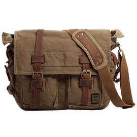 Berchirly Men 14.7Inch Laptop Messenger Crossbody Bag Military Canvas Leather Travel Shoulder Bags