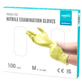 EUROPAPA® Nitrile Gloves, Disposable Examination Gloves, Powder–Free, Latex Free, Non–Sterile, M, Yellow, Box of 100