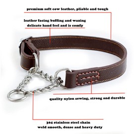 Love Dream Martingale Collars for Dogs, Genuine Leather Training Dog Collar, Stainless Steel Chain Anti-Escape No Pull Dog Collar for Medium Large Dogs (L(15.7"-20.9"), Brown)