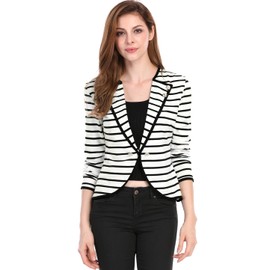 Allegra K Women's Notched Lapel Casual Work Office Striped Blazer X-Large Black White