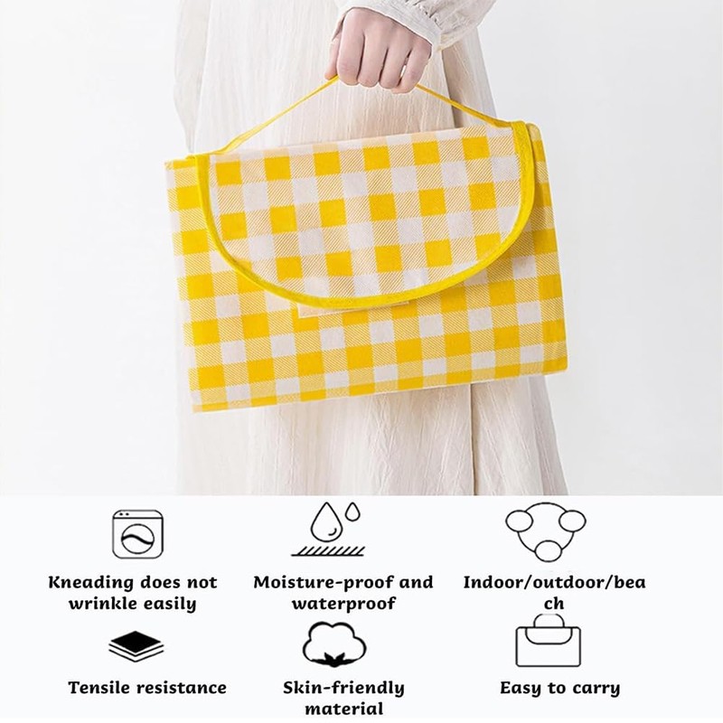 OPVXZAD Checked Picnic Mat Waterproof Beach Blanket with Handle Picnic