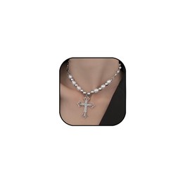 Punk Crystal Cross Pearl Necklace for Women Chunky Pearl Beaded Choker Gothic Rhinestone Cross Pendant Necklace Faith Protection Jewelry (Silver1)
