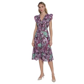 Maggy London Summer Floral Midi Women-V-Neck, Ruffle Sleeves, Cinched Waist, A-Line Wedding Guest Cocktail Dress, Deep Purple/Medium Purple