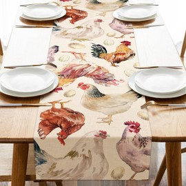 Uruney Farm Chicken Table Runner, Rooster Hen Egg Farmhouse Kitchen Dining Table Decoration, Rustic Burlap Indoor Outdoor Home Decor Party Supply 13 x 72 Inches