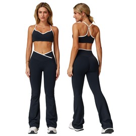 ABOCIW Workout Sets for Women 2 Piece Color Block Strappy Sports Bra Crossover High Waist Flared Leggings Gym Sets Woman Yoga Pilates Outfits Athletic Work Out Clothes Colorblock Blue Large