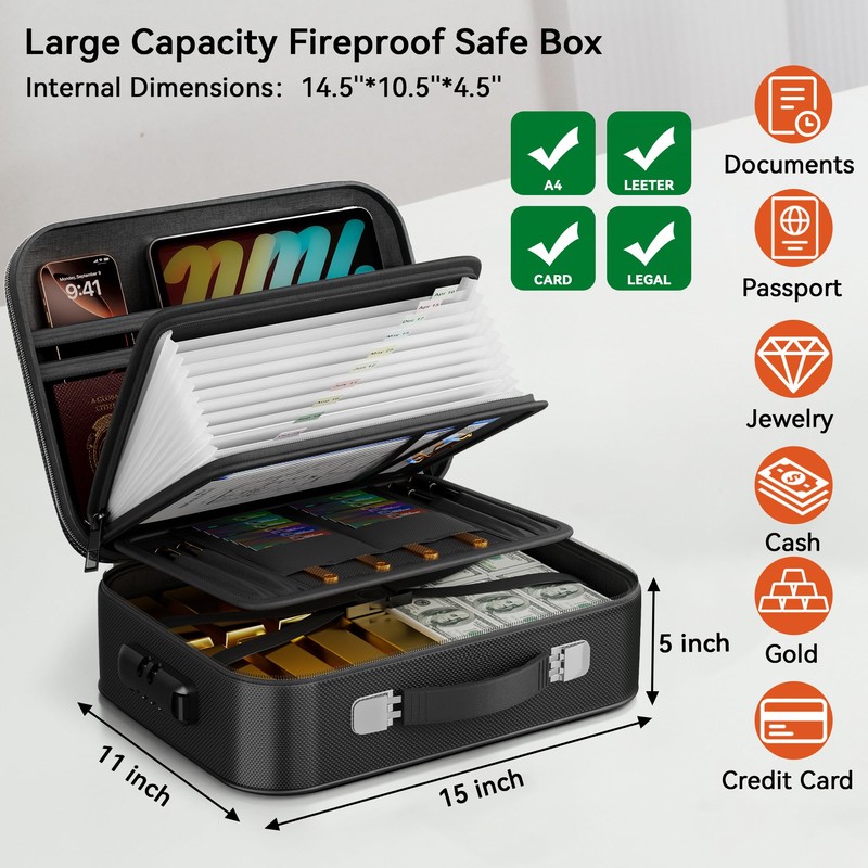 Fireproof Document Box, Hard Case Fireproof Box with Lock, Portable