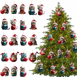 TYXHXTF 20Pcs Acrylic Cat Christmas Ornament, Cute Cat Hanging Pendants for Christmas Tree Wall Window Car Xmas Party Decor