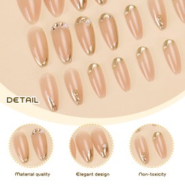 Auiremrti Artificial Nails for Sticking on, 24 Pieces Golden French Tips, Including Jelly Glue & Nail File, Perfect for Events & Parties