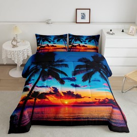 Feelyou Ocean Beach Themed Bedding Set Queen Size,Tropical Sunset Beach with Palm Trees Comforter Set,Peaceful Sea Marine Palm Tree Comforter Bright Hawaii Style Duvet Set 1 Comforter 2 Pillowcase