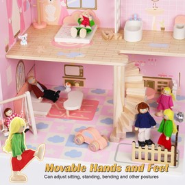 Lonsien Dolls Dolls House Doll Family 11 Pieces Wooden Dollhouse Figures Bending Dolls with Cat and Dog for Dollhouse Accessories Gift