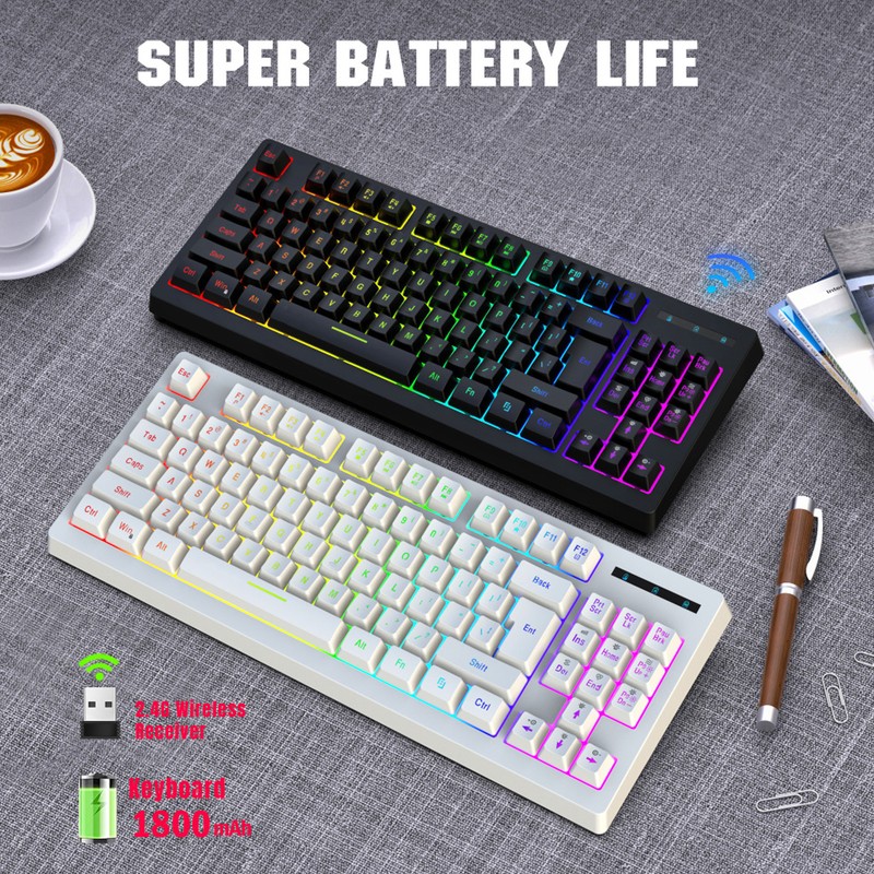 2.4G Wireless Keyboard 87 Keys RGB Backlight 1800mAh Battery Office