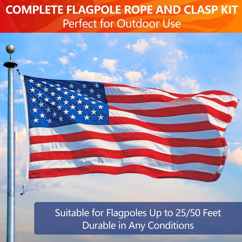 sprookber 50Ft Flagpole Rope Kit, 5/16" Nylon Halyard with 4