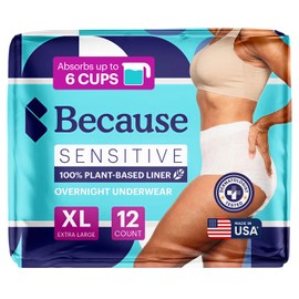 Because Adult Incontinence Underwear for Sensitive Skin - Women - Premium Overnight Disposable Briefs, Anti Odor - White, X-Large - Absorbs 6 Cups - 12 Count (Pack of 1)