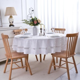 Heavy Duty Fabric Tablecloth with White Lace-Waterproof/Wrinkle Free/Stain Resistant/Oil Proof-for Dining,Indoor&Outdoor,Wedding,Holiday,White Damask,Round 70Inch