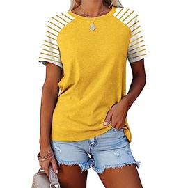 Womens Summer Tops Short Sleeve Raglan Striped Shirts Yellow XXL