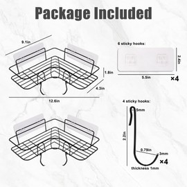 Yzalen Mensola per doccia senza foratura, 2 pezzi, autoadesiva, angolare, con 4 ganci, colore nero, per bagno e cucina