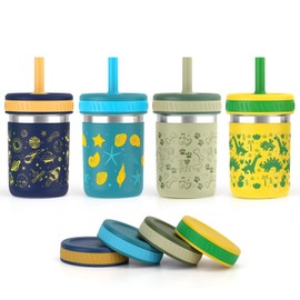 Sursip Toddler Stainless Steel Cups with Lids and Straws, Spill Resistant Sippy Cups Kids Tumbler with Silicone Straws for Smoothie, Drinking, Snacks, BPA-Free, Dishwasher Safe - 15 oz (4 Packs)