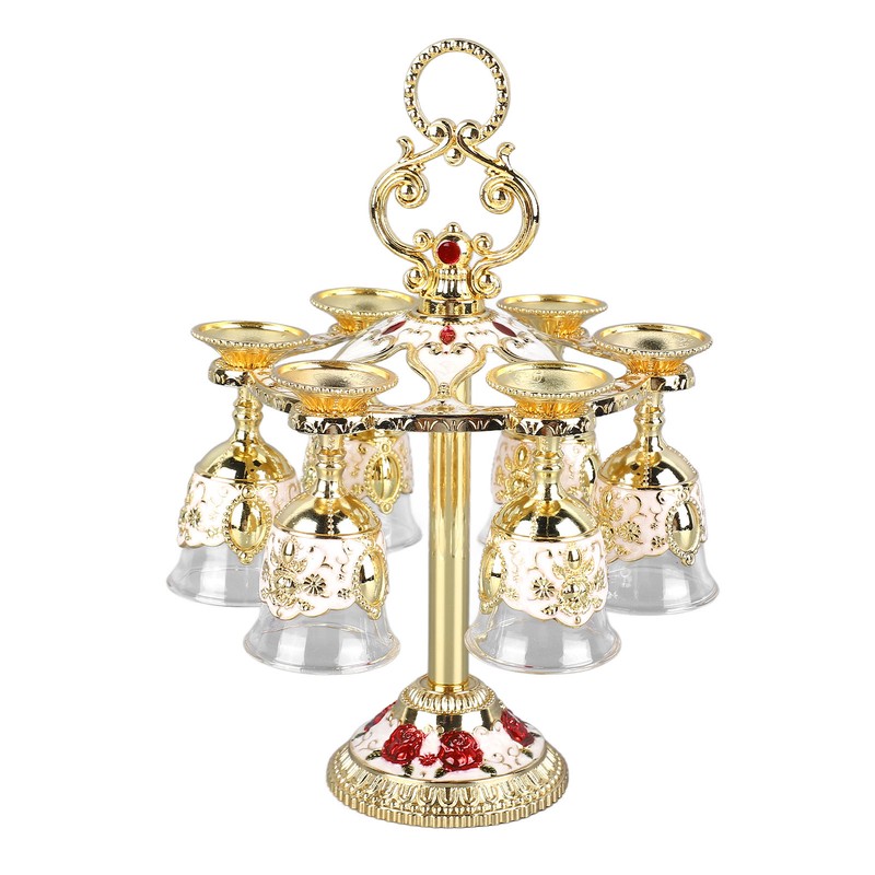 6Pcs Chinese Chalice Retro Style Zinc Alloy Glass Embossed Flower