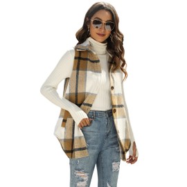 UANEO Womens Plaid Shacket Button Down Wool Blend Fall Flannel Shirt Jacket (Vest-Khaki-M)