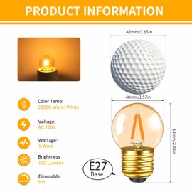 Caldarax Caldarax 2 Stck E27 LED Warmweiss 1W Edison Vintage Bernstein Leuchtmittel Ersetzt 10W Glhlampe, 220V Warmwei? 2200K Kleine Globe G40 E27 Filament Dekorative Glhbirne, Nicht Dimmbar