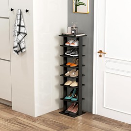 MAT EXPERT 8-Tier Vertical Shoe Rack, Wooden Space Saving Shoe Storage with Removable Shelf & Anti-Tipping Kits, Narrow Tall Shoe Organizer for Front Door Entrance, Entryway, Corner (Black)