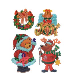 Christmas Reusable Window Clings, Santa Bear with Joyful Angel and Reindeer with Candy, Cardinals in Wreath (4 Clings, 1 Sheet)