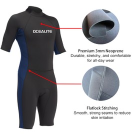 Ocealite Men's 3mm Shorty Wetsuit Neoprene Back Zip Diving Suit Flatlock Stitch Lightweight Surfing Snorkeling Paddleboarding Swim Suit with Lycra Trim Key Pocket (Mens 3mm Navy Blue, X-Large)