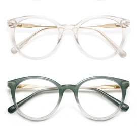 AMOMOMA Retro Round Reading Glasses for Women Cute Stylish Blue Light Blocking Readers AM6055, Clear&Milky Green 0.00x