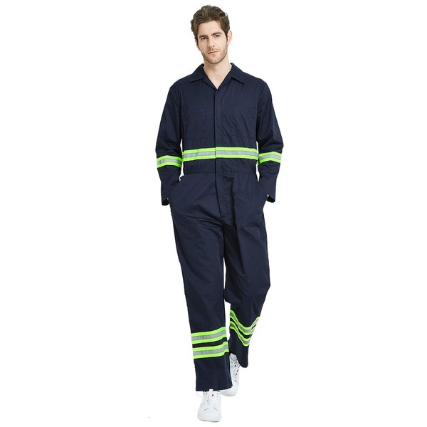 TopTie Men's Work Coverall High Visibility Coverall with Reflective Trim-Navy-XL