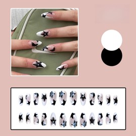Pikabows Press On Nails Long Almond Black Star White French Tip Fake Nails Acrylic False Nail Tips Kit Glue on Nails for Women