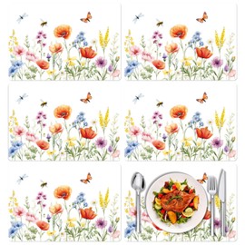 Tarklanda Wildflower Plastic Placemats Set of 6, Decorative Spring Floral Butterfly Placemat 11 x 15.7 Inches Easy Clean Vinyl Dining Table Mats for Wedding Birthday Summer Holiday Party Decor