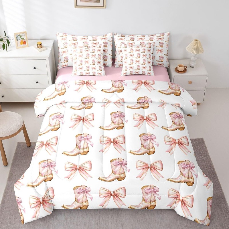 7 Pieces Western Cowgirl Comforter Set Full,Pink Bowknot Cowgirl Boots