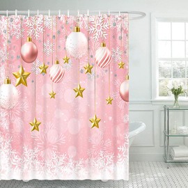 Lofaris - Cortina de ducha de Navidad rosa – 72 x 72 pulgadas, diseño del país de las maravillas de invierno con copos de nieve, bolas de Navidad y estrellas, decoración de baño festiva de tela