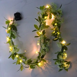Greenery Garland for Mantle with Lights – Battery Operated Vine Garland with Timer, Spring Summer Wedding Holiday Decor