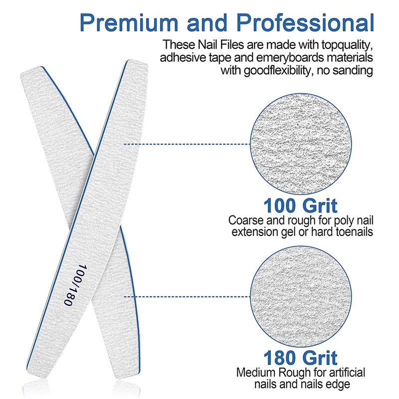 BLESWIN Professional Nail File Set - 12Pcs 100/180 Grit Double-Sided