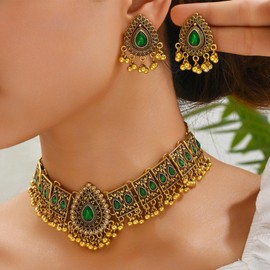 YANCHUN Indian Jewelry for Women Indian Wedding Bridal Necklace and Earrings Set Bohemian Jewelry Ethnic Party Prom Statement Necklace Earring Gifts, Metal, No Gemstone