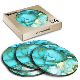 4 x Round Coasters - Ocean Blue Green Marble Effect Cork Backed MDF Glossy Tea Coffee Accessory #53104