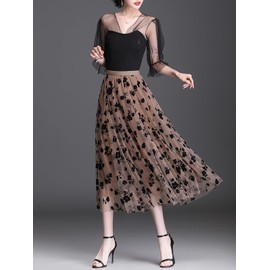 Velinsak Skirts for Women Midi Long Length Pleated High Waisted Tulle Skirt Floral A-Line Flowy Skirts Khaki 2XL-3XL