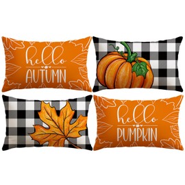 Artscope Fall Decorative Throw Pillow Covers 12x20 Inch Set of 4, Buffalo Plaid Autumn Pumpkin Maple Leaves Harvest Outdoor Farmhouse Pillow Cases for Home Sofa Couch-Orange A