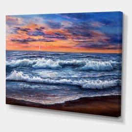 DesignQ Sunset Over The Blue Ocean II Nautical & Coastal Canvas Wall Art, 32x24