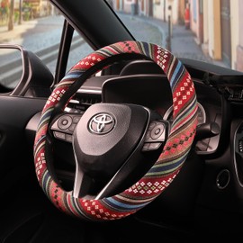 SEG Direct Boho Steering Wheel Cover with Baja Blanket Cloth, Ethnic Style Auto Wheel Cover Made of Coarse Flax, Fits 14 1/2-15 1/4 inches Car Wheel