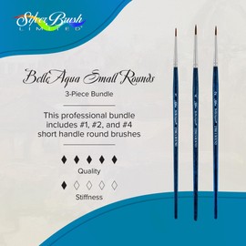 Silver Brush Limited BA-2758S BelleAqua Smaller Size Round Brushes, 3pc Round Watercolor Brush Set, Professional Soft Synthetic Red Sable Round Paint Brush Set Also for Gouache, Sizes 1, 2, & 4
