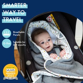 PurFlo Cosy Wrap Travel Blanket | Luxury Cotton Lining & Soft Fleece Outer | Breathable Car Seat & Pram Star Blanket | Safer Alternative to a Loose Baby Car Seat Blanket | 0-9 Months | Scandi Spot