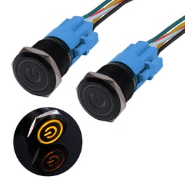 JIQI 2 x 19 mm Pressure Switch 12 V to 24 V 3 A Waterproof Latching Switch Made of Aluminium Alloy IP66 1NO1NC Pre-Wired Black On/Off Switch with Power Symbol LED for Motorcycle Boat Truck RV (Yellow)