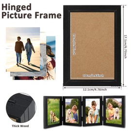 Photo Frame Hold 4 Photos, 4x6 Hinged Folding Wood Picture Frame with Glass Front Stand Vertical on Desktop for Display (black)